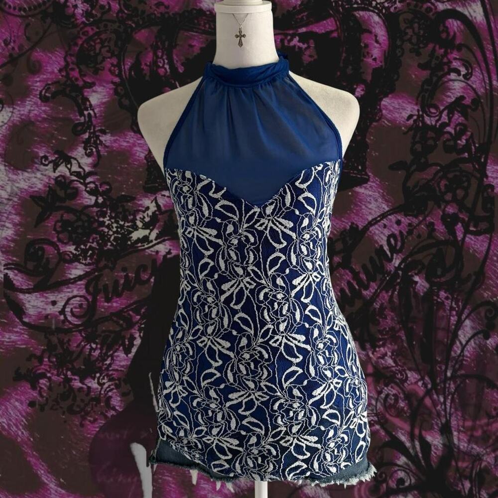 dark navy blue and white lace boho goth glam whimsigoth dark femme halter top